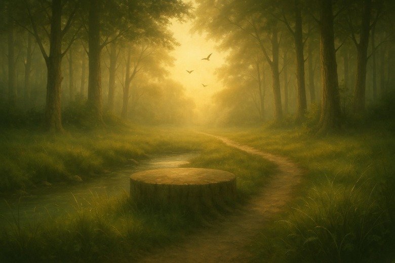 夜明けの森の中、朝靄に包まれた静かな小道が遠くの光へと続いている。木々と草に朝露が光り、静かに流れる小川が道を横切る。内なる気づきを象徴するような穏やかな風景。