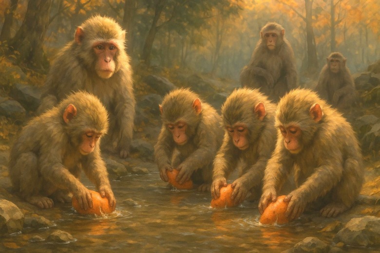 川辺で若いニホンザルたちがサツマイモを洗い、互いに真似しながら学んでいる。周囲で大人のサルが様子を見守る姿が、文化が広がる瞬間を表している。