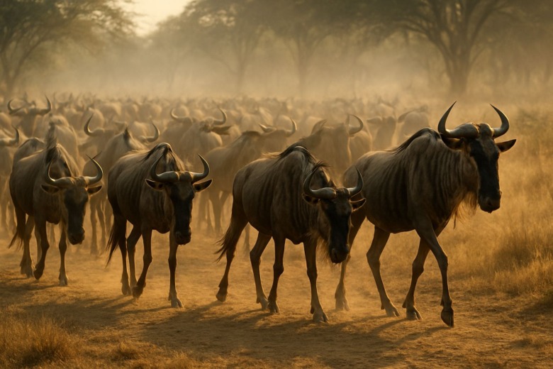 リーダーの判断を合図に、群れ全体が一斉に動き出すヌーたち