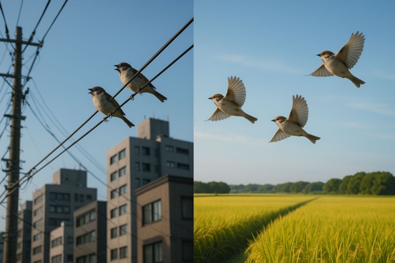都市の電線で鳴くスズメと、青空の田園風景を飛ぶスズメ。環境による声の違いを象徴的に描いた対比構図