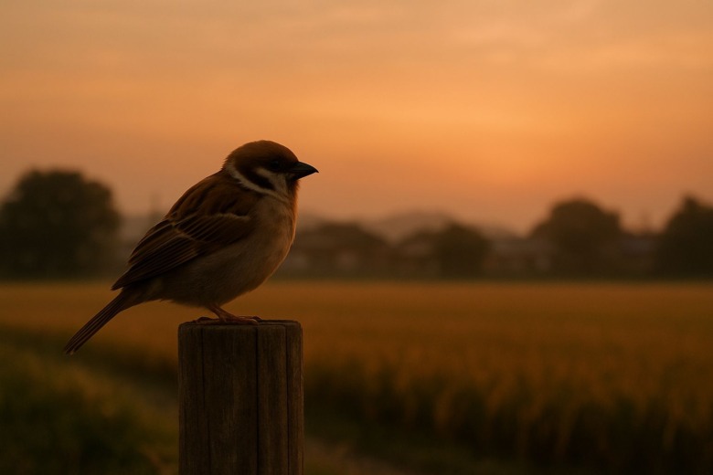 夕暮れの田んぼの中、一本の木の杭に止まるスズメ。土地に残された声と記憶を感じさせる、静かな場面。