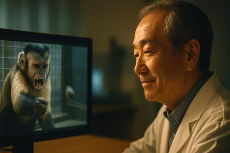 怒ったサルの映像を見つめる研究者。観察する側とされる側の静かな対比。