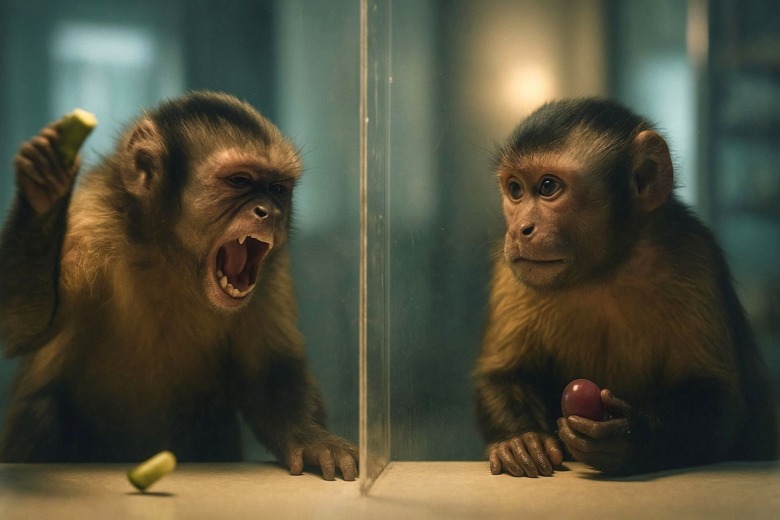 ガラス越しに座る２匹のサル。キュウリを投げるサルと、ブドウを持つサル。公平さを訴える瞬間の実験風景。