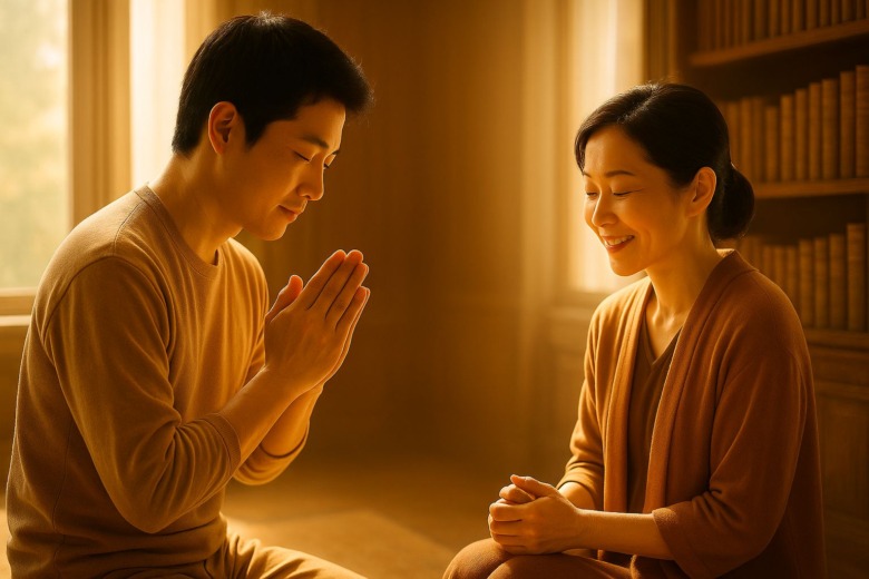 穏やかな光の中で、人々が静かに『ありがとう』と声を交わしている。文化に根づいた感謝の姿。