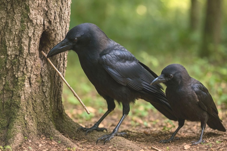 親が道具の使い方を見せ、子が真似して学んでいる動物の様子。