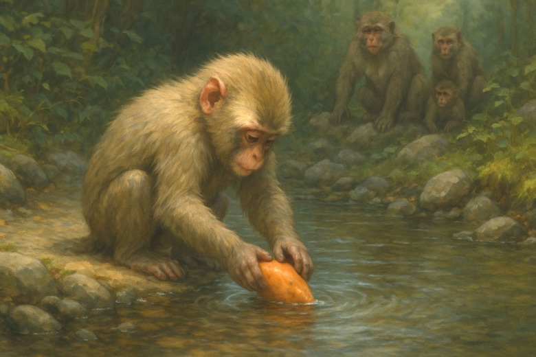 川辺でサツマイモを洗う若いニホンザル。後方には年長のサルたちが静かに様子をうかがっている。