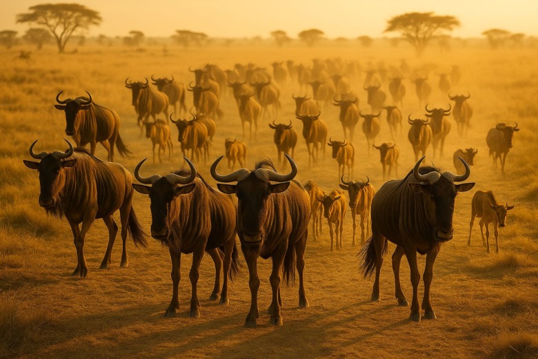 中央に複数の母子ヌーが集まり、その周囲を若いヌーたちが取り囲んでいる。群れの構造がよくわかるサバンナの朝の情景。